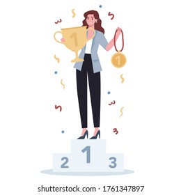 Succeed business woman. Winning in competition. Getting reward or prize for achievement. Goal, inspiration, hard work and result. Person with golden trophy cup. Isolated flat vector illustration