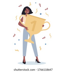 Succeed business woman. Winning in competition. Getting reward or prize for achievement. Goal, inspiration, hard work and result. Person with golden trophy cup. Isolated flat vector illustration