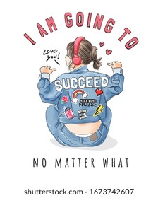 succeed slogan with girl in denim jacket and headphone cartoon illustration