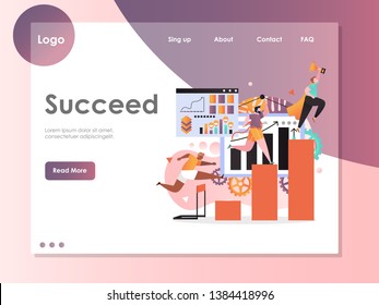 Succeed vector website template, web page and landing page design for website and mobile site development. Superhero businessman holding golden cup, men running to finish, jumping over barrier.