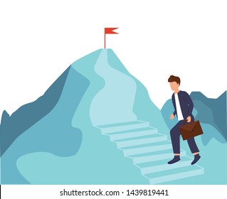 Succes concept. Mountain climbing route to peak. Vector illustration