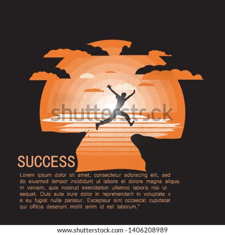 Succes concept.Silhouette of man jumping over a cliff.Copyspace.Negative space illustrarion