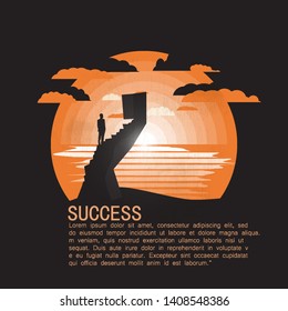 Succes concept.Silhouette of a man walks up the stairs to the opened door.Copyspace.Negative space illustration