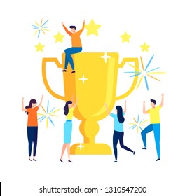 Succes team concept illustration, small people celebrate success achievment by holding a big goblet, can be use for landing page, template, ui, web, mobile app, poster, banner, flyer