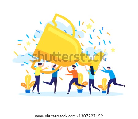 Succes team concept illustration, small people celebrate success achievment by holding a big goblet, can be use for landing page, template, ui, web, mobile app, poster, banner, flyer