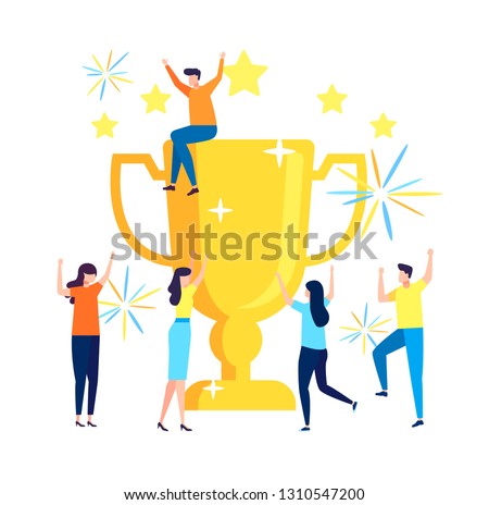 Succes team concept illustration, small people celebrate success achievment by holding a big goblet, can be use for landing page, template, ui, web, mobile app, poster, banner, flyer