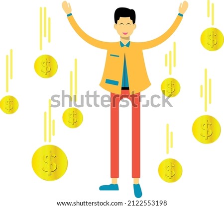 Succesful businessman flat vector illustration. Man with raining dollar coin illustration for business template, banner, flyer, brochure, or presentation.