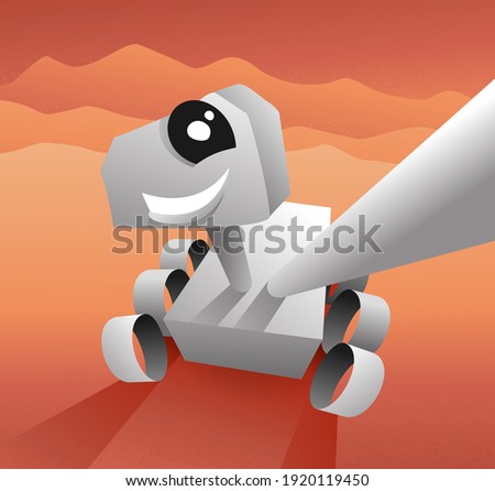 Succesful Mars rover landing on red planet. Funny cartoon vehicle smiling and making a selfie. Vector illustration