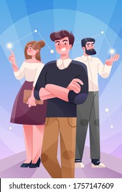 Succesfull team poster illustration concept. Group of business people with businessman leader on foreground. Vector illustration