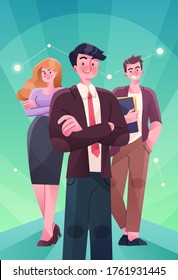 Succesfull team poster illustration concept. Group of business people with businessman leader on foreground. Vector illustration