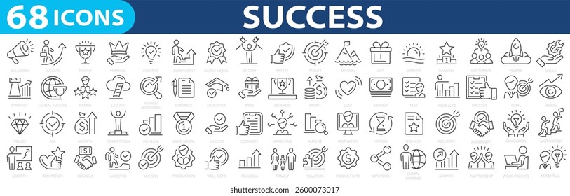 Success 68 icon set. Successful business development, plan and process symbol. Award, victory, premium, prize, medal, gift, trophy, badge, points, achievement, certificate. Goals and Target Related