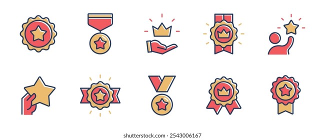 success achievement badge award icon set winner medal certified gold premium ribbon reward emblem signs vector illustration