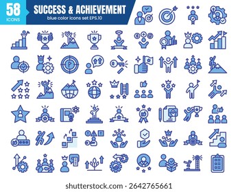 Ícones de contorno de cor azul de sucesso e conquista definidos. Coleção de ícones de desenvolvimento de negócios bem-sucedida. Contendo realizações, sucesso, estratégia, vencedor, trabalho em equipe, meta, debate. 