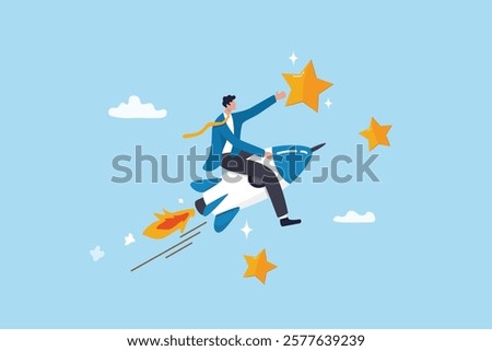 Success achievement, boost growth development to reach target, leadership to win business challenge, startup, entrepreneur or ambition to win, businessman riding fast rocket to reach success star.