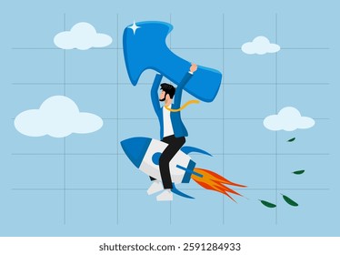 Success achievement, business financial growth reaches target, leadership to win business challenge, startup, entrepreneur or ambition to win, businessmen ride rockets and arrows to achieve growth