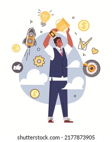 Success and achievement of business goals. Businessman raises triumphal chalice over his head. Metaphor of purpose, start-up, idea, free market. Vector character flat cartoon illustration.
