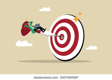 Success or achievement, celebration of victory, winning personal or business challenges, Rest and happiness after achieving goals, The businessman is sitting on the dart board