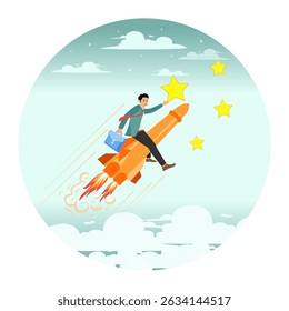 Success achievement concept, boost growth development to reach target. Businessman riding fast rocket to reach success star. 