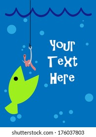 Success or achievement concept: hooking up a small fish eaten by bigger fish, flat