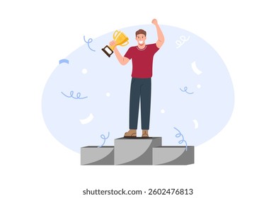 Success, achievement concept. A vector illustration of a man celebrating his victory on a podium with a trophy, perfect for competition themes.