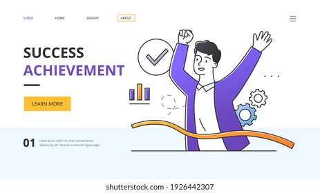 Success and achievement concept with winner of a race breaking the ribbon at the finish in a website template with copyspace, colored vector illustration