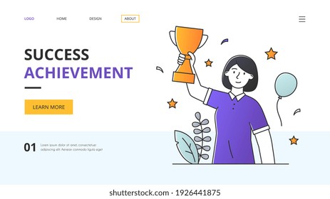 Success and achievement concept with a young female winner holding up a gold trophy at a competition or championship challenge, colored vector illustration website template