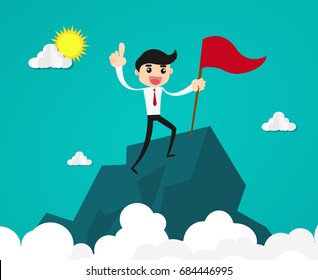 Success and achievement concept.businessman with flag on mountain top .