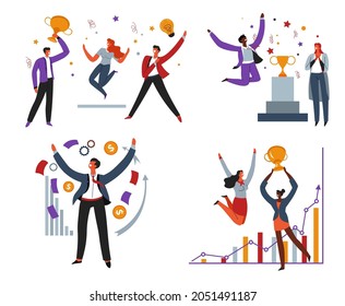 Success and achievement of goals and aims, teamwork and great job. Happy employees celebrating victory with cups and trophy, award and reward for diligent workers. Vector in flat style illustration