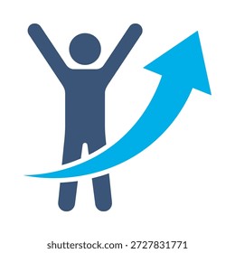 ícone da conquista de sucesso vetor plano azul design feliz homem saltando seta símbolo crescimento gráfico elemento sinal