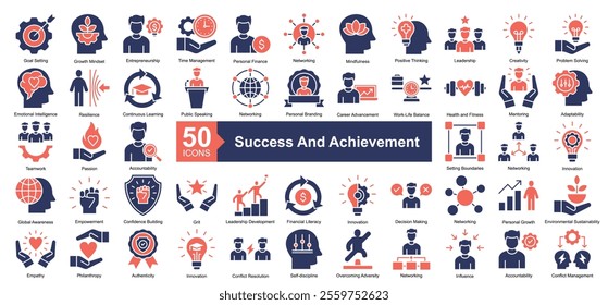 Success And Achievement Icon Collection Set.Containing goal setting, growth mindset, entrepreneurship, time management, networking icon. Simple dual tone style Vector Illustration.