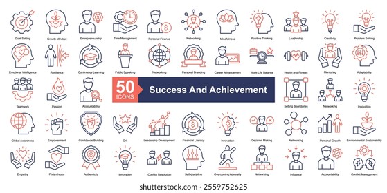 Success And Achievement Icon Collection Set.Containing goal setting, growth mindset, entrepreneurship, time management, networking icon. Simple dual tone style Vector Illustration.