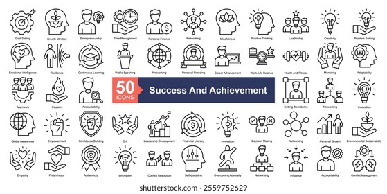 Success And Achievement Icon Collection Set.Containing goal setting, growth mindset, entrepreneurship, time management, networking icon. Simple line style Vector Illustration.