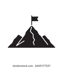 Success achievement icon with a flag on a mountain peak representing reaching a goal milestone and overcoming a leadership challenge vector solid glyph icon