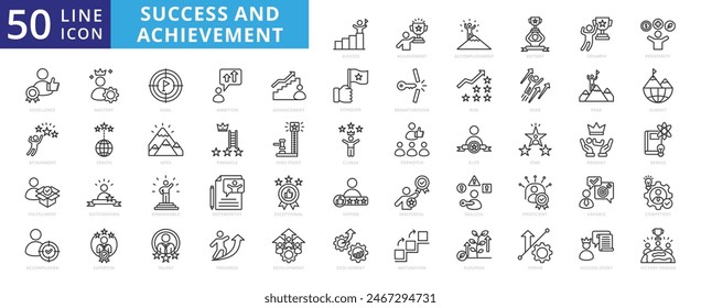 Success and achievement icon set with accomplishment, victory, triumph, prosperity, excellence, attainment and fulfillment.