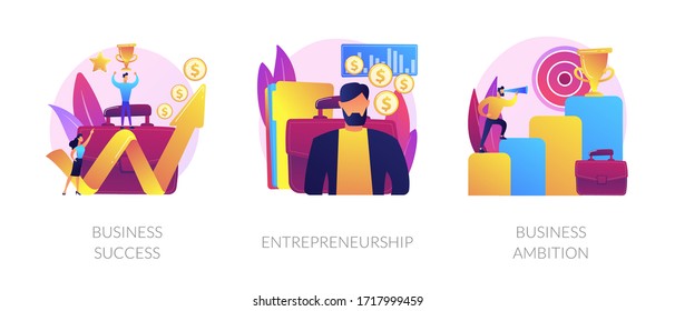 Success achievement icons set. Company leadership, profit growth, revenue increase. Business success, entrepreneurship, business ambition metaphors. Vector isolated concept metaphor illustrations