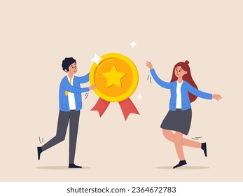 Success achievement reward concept. Employee award recognition, top star performer of the month, best sales champion or certificate, businessman boss giving golden star badge to winning employee.