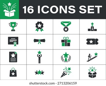 Success achievement reward and recognition flat vector icons set. Includes trophies, medals, 
certificates, gifts, and celebratory elements
