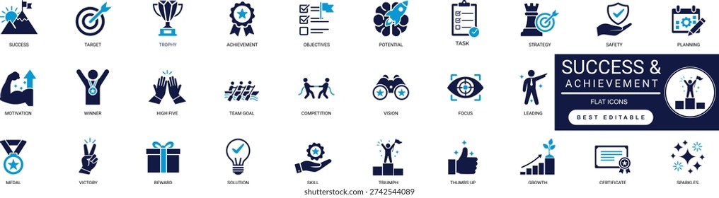 success and achievement solid icon set, target, trophy, objectives, potential, motivation, winner, victory, professional vector editable