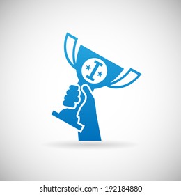 Success Achievement Symbol Hand Raises Prize Award Cup Icon Design Template Vector Illustration