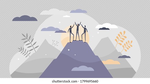 Success achievement and top goal fulfillment teamwork tiny persons concept. Abstract scene with peak top as business progress and target reaching symbol vector illustration. Work performance growth.