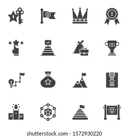 Success achievement vector icons set, modern solid symbol collection, filled style pictogram pack. Signs, logo illustration. Set includes icons as award cup, first place medal, winners podium, pyramid