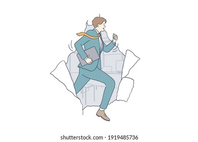 Success, achieving goals, business leadership concept. Young smiling businessman running making breakthrough paper hole achieving targets at work in career and business illustration 