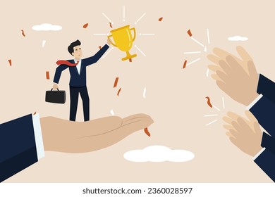 Success, success in achieving a target or the result of hard work, a smart young businessman succeeds in getting a big trophy and gets applause from his colleagues.