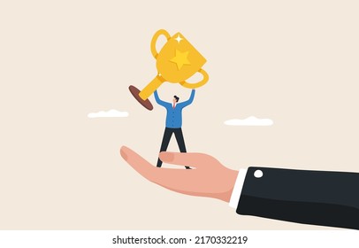 Success acquired through support. Motivation from work. Promotion in a career. boss support or to work together. Businessman stands holding a trophy in a giant hand.