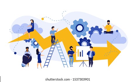 Success advance business plan boost vector concept illustration. Cartoon people bank bond teamwork with arrow. Achievement person career ambition leadership job. Marketing performance promotion ahead 