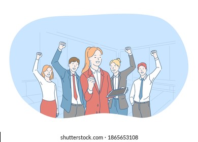 Success, agreement, business development concept. Happy young business people partners celebrating success in project with raised hands and feeling happy in office. Teamwork, leadership, strategy 