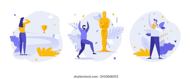 Success and appreciation flat concept vector illustrations set. Winner reward for victory in challenge cartoon composition. Reach goal to be best creative idea for website, presentation