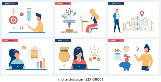 Success of approach to finding solutions and best proposals, smart invention set vector illustration. Cartoon tiny people invest money from piggy bank in development of technology, energy production