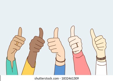 Success, approval, goal achievement, multiethnicity concept. Group multiethnic people happy clients hands showing approving ok sign or confirm with thumbs up. High level quality product customer rate.