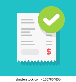 Success approved payment check mark notification on paper receipt bill invoice vector flat cartoon icon, valid verified notice checkmark on successful paid online, completed money transfer or purchase